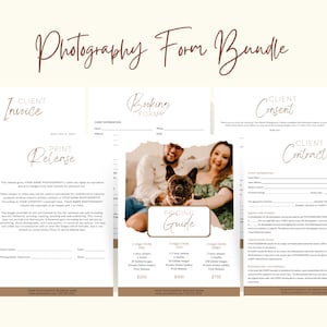 May include: A set of printable photography forms for clients. The forms include a client invoice, print release, booking form, client consent, and client contract. The forms are designed in a brown and gold colour scheme with a handwritten font.