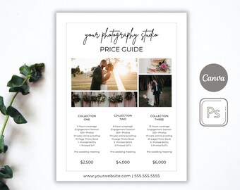 Wedding Photography Pricing Template | Edit in CANVA and Photoshop, Pricing Guide for Photographers, Photo Price List, 1 Page Pricing Guide