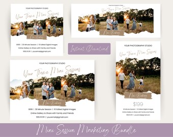 May include: A marketing bundle for a photography studio, featuring multiple promotional materials. The designs include family photos in a field at sunset, with text that reads "Your Theme Mini Sessions" and "Now Booking". The bundle is for instant download.