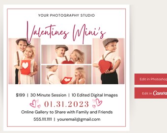 May include: A Valentine's Day mini photo session offer for $199. The offer includes a 30-minute session and 10 edited digital images. The date of the offer is 01.31.2023. The image features four photos of children holding hearts.