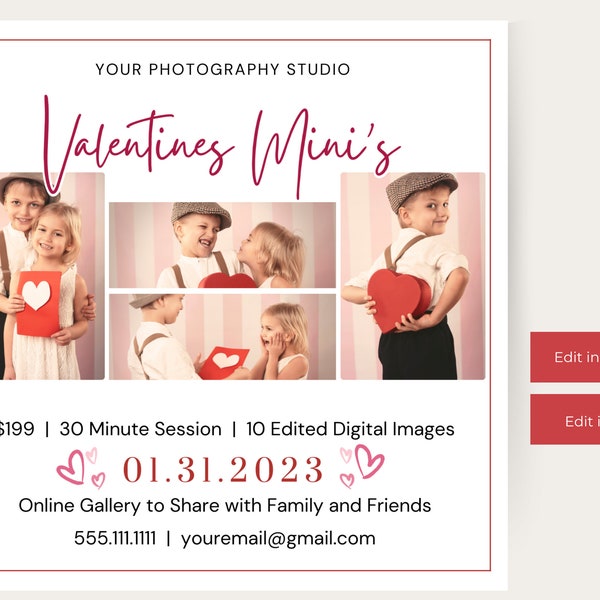 Valentine's Mini Session Marketing Template, Mini Session Templates, Edit in Canva or Photoshop. Valentines Mini Session, Instant Download