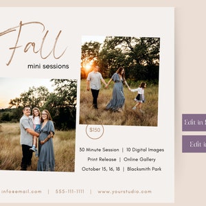 Può includere: Pacchetto di sessioni fotografiche autunnali mini per € 150. Il pacchetto include una sessione di 30 minuti, 10 immagini digitali, autorizzazione di stampa, galleria online ed è disponibile il 15, 16 e 18 ottobre al Blacksmith Park.