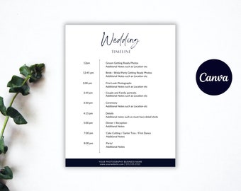 Modelo de cronograma do dia do casamento | Modelo de linha do tempo, linha do tempo do fotógrafo de casamento, modelo de programação de casamento, linha do tempo do evento, edição em CANVA