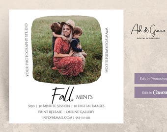 Fall Mini Session Template, Fall Photo Template, Fall Mini Session Template for Photographers,  Edit in CANVA & Photoshop, Fall Mini's