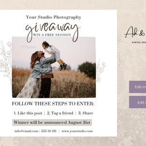 Photography Giveaway Template | Contest Template, Edit in CANVA or Photoshop, Social Media Template, Like and Share, Enter To Win Template