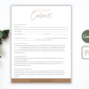 May include: A black and white printable client contract template for photographers. The document includes sections for client information, deposit and payment, cancellation policy, and rescheduling/late arrivals. The text "CLIENT Contract" is displayed in a brown font at the top of the page.