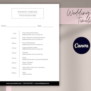 Timeline Template | Wedding Day Timeline Template, Wedding Photographer Timeline, Wedding Schedule Template, Event Timeline, Edit in CANVA