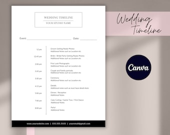 Modelo de cronograma | Modelo de cronograma do dia do casamento, cronograma do fotógrafo de casamento, modelo de programação de casamento, cronograma do evento, edição em CANVA
