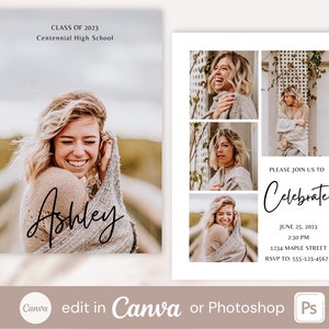 Modèle de carte d'annonce de graduation, modèle de classe de 2023 modifiable dans Canva ou Photoshop, carte de diplômé modifiable, modèle de graduation senior