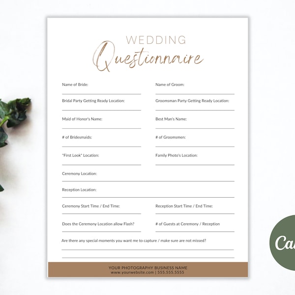 Wedding Photography Questionnaire Template | Wedding Questionnaire, Editable Wedding Questionnaire in CANVA, Photographer Business Forms