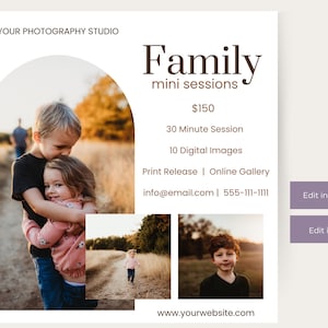 Family Mini Session Template, Photography Template, Edit in Canva or Photoshop, Modern Social Media Marketing, Photographer Marketing Board