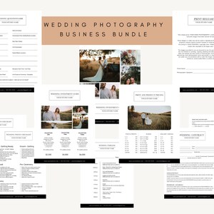 Op de afbeelding: Een zwart-witte printbare bruiloftfotografie-businessbundel. De bundel bevat een bruiloftvragenlijst, een bruiloftinvesteringsgids, een bruiloftfotochecklist, een prijslijst voor afdrukken en producten, een bruilofttijdlijn, een bruiloftovereenkomst en een afdrukreleaseformulier. De bundel is ontworpen om bruiloftfotografen te helpen hun bedrijf te stroomlijnen.