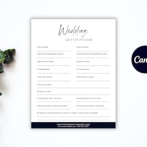 Wedding Photography Questionnaire Template | Wedding Questionnaire, Editable Wedding Questionnaire in CANVA, Photographer Business Forms