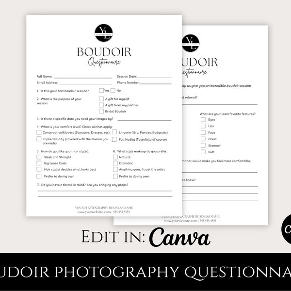 Boudoir Photography Questionnaire Template | Boudoir Questionnaire, Editable Boudoir Questionnaire in CANVA, Photographer Business Forms