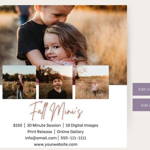 Puede incluir: Anuncio de una sesión de fotografía de otoño "Fall Mini" con una foto de dos niños abrazándose en un campo. El texto dice "Fall Mini's 150 € | Sesión de 30 minutos | 10 imágenes digitales Liberación de impresión | Galería en línea info@email.com | 555-111-1111 www.yourwebsite.com" y hay botones que dicen "Editar en Photoshop" y "Editar en Canva".