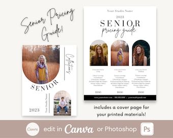 Senior Photography Pricing Guide Template, Photographer Price List Template, Modern Senior Pricing Sheet, Editable in CANVA or Photoshop