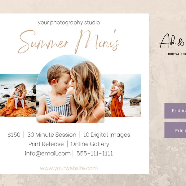 Summer Mini Session Template, Summer Photo Template, Summer Mini Session Template for Photographers,  Edit in CANVA & Photoshop