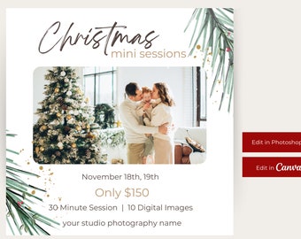 Pode incluir: Um gráfico promocional para mini sessões de fotos de Natal. A imagem apresenta uma família, uma árvore de Natal decorada e o texto "Christmas mini sessions". Texto adicional inclui detalhes da sessão e opções de edição.