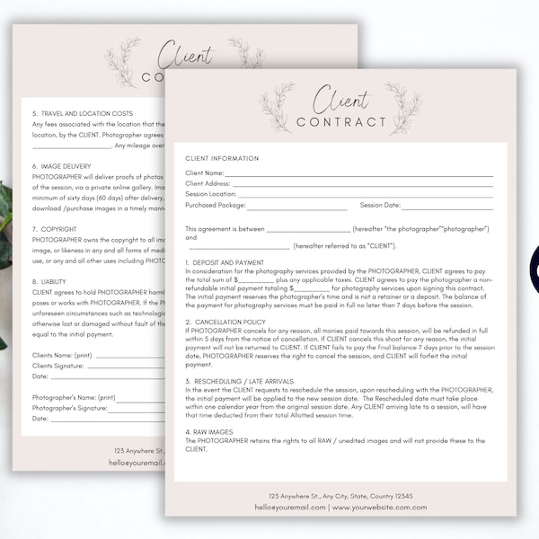 Photography Client Contract, Edit in CANVA, Client Agreement, Session Contract Template, Wedding Photography Contract, Printable Contract