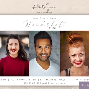 May include: A white flyer with the text "Ak & Grace Digital Design Shop" and "Your Studio Name Headshot Minis" in black script font. The flyer advertises a 30-minute headshot session for £150, including 5 retouched images and a print release. The flyer features three smiling people in the background.