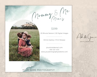 May include: A watercolor-style graphic with a photo of a mother and two children in a field. The text "Mommy & Me Mini's" is at the top of the graphic. The text "$199" is below the photo. The text "20 Minute Session | 10 Digital Images" is below the price. The text "Online Gallery | Print Release" is below the session details. The text "youremail@email.com" is below the session details. The text "555-111-1111" is below the email address. The text "www.yourphotographywebsite.com" is below the phone number. The text "YOUR NAME PHOTOGRAPHY" is at the bottom of the graphic. The text "Ah & Grace DIGITAL DESIGN SHOP" is on the right side of the graphic.