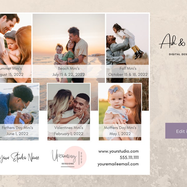 Upcoming sessions photography template | Photography marketing board, session dates overview, sessions schedule, mini sessions calendar