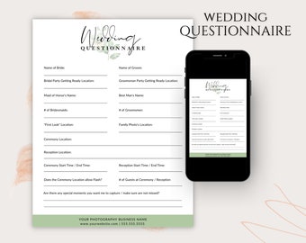 Modello questionario per fotografo di matrimoni, questionario di matrimonio modificabile, modifica in CANVA, modulo per fotografo di matrimoni, moduli aziendali fotografici