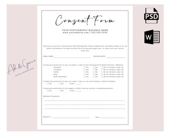 May include: A white consent form template with the text "Consent Form" at the top. The form includes fields for legal name, session date, and permission for social media use. The form also includes the business name and website.