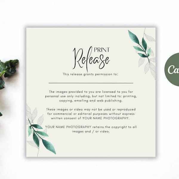 Print Release Template for Photographers, Print Release, Edit in CANVA, Photography Marketing Template, Photography Release, Photo Release