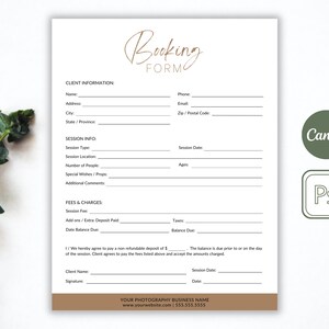 Photography Booking Form, Client Booking Form, Booking Template for Photographers, Client Session Form, Edit in Photoshop and Canva