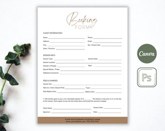 May include: A printable booking form for photographers with sections for client information, session details, fees and charges, and signatures. The form has a brown and white color scheme with the word "Booking Form" in a handwritten font.