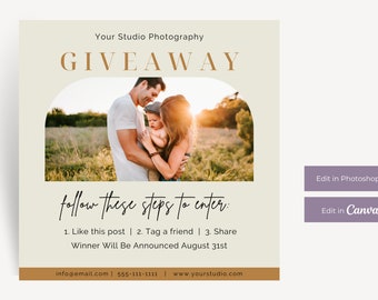 May include: A giveaway announcement for a photography studio. The image features a family of three in a field at sunset. The text reads "Your Studio Photography GIVEAWAY follow these steps to enter: 1. Like this post | 2. Tag a friend | 3. Share Winner Will Be Announced August 31st info@email.com | 555-111-1111 | www.yourstudio.com"