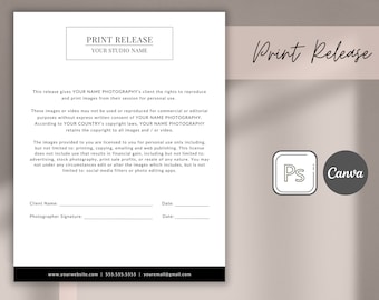 Pode incluir: Um formulário de liberação de impressão preto e branco com o texto "Print Release" no topo. O formulário inclui o texto "YOUR NAME PHOTOGRAPHY" e "YOUR STUDIO NAME". O formulário também inclui o texto "Client Name", "Photographer Signature" e "Date".