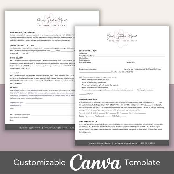 Pet Photography Client Contract, Edit in CANVA, Client Agreement, Session Contract Template, Pet Session Contract, Printable Contract