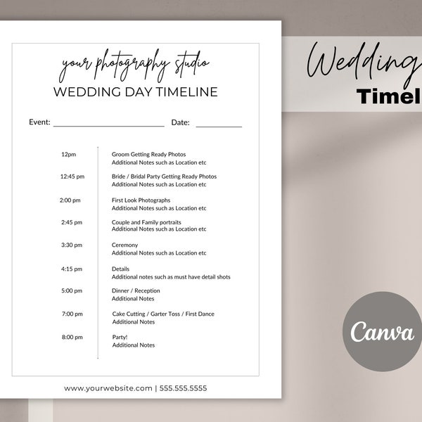 Timeline Template | Wedding Day Timeline Template, Wedding Photographer Timeline, Wedding Schedule Template, Event Timeline, Edit in CANVA