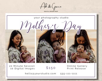 May include: A flyer advertising a Mother's Day photography session. The flyer features three photos of mothers and their babies, with the text "Mother's Day" in a purple script font. The flyer also includes the price of the session, $150, and contact information for the photography studio.