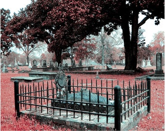 Red Cemetery Cage Print - Halloween Decor - Cemetery Photography