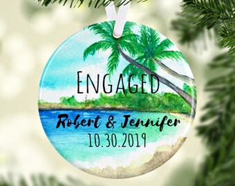 Engaged Personalized Couples Beach Christmas Glass Ornament Personalized with Names and Date written in the sand