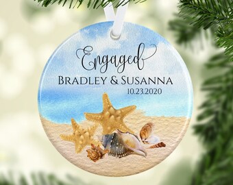 Engaged Personalized Couples Beach Christmas Glass Ornament Personalized with Names and Date written in the sand