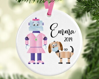 Girl Robot Ornament/Girl Robot with Robot Dog/Cute Robot Ornament Gift for Kids/Personalized Ornament/Ornament with Name/Robot Gift Idea