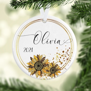 Leopard Sonnenblumen Ornament/Sonnenblumen Geschenk/Weihnachtsschmuck/Sonnenblumen Dekor für Weihnachtsbaum/Personalisiertes Geschenk/Namensornamente