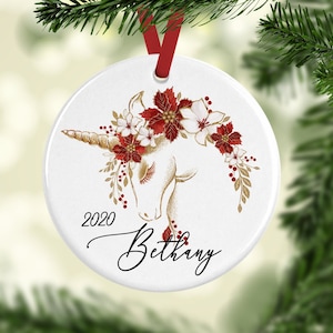 Personalized Unicorn Christmas Ornament: Ceramic Unicorn Decor