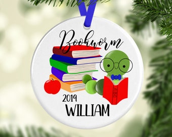 Bookworm Ornament/Book Lover Gift for Kids/Book Worm Christmas Ornament/Personalized Ornament with Name/Teacher Gift Idea/Bookworm Decor