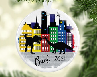 Dinosaur Ornament/Dinosaur Ornament Gift for Kids/Dinosaurs in the City Gift Idea/City Skyline Dino Ornament/Personalized Christmas Ornament
