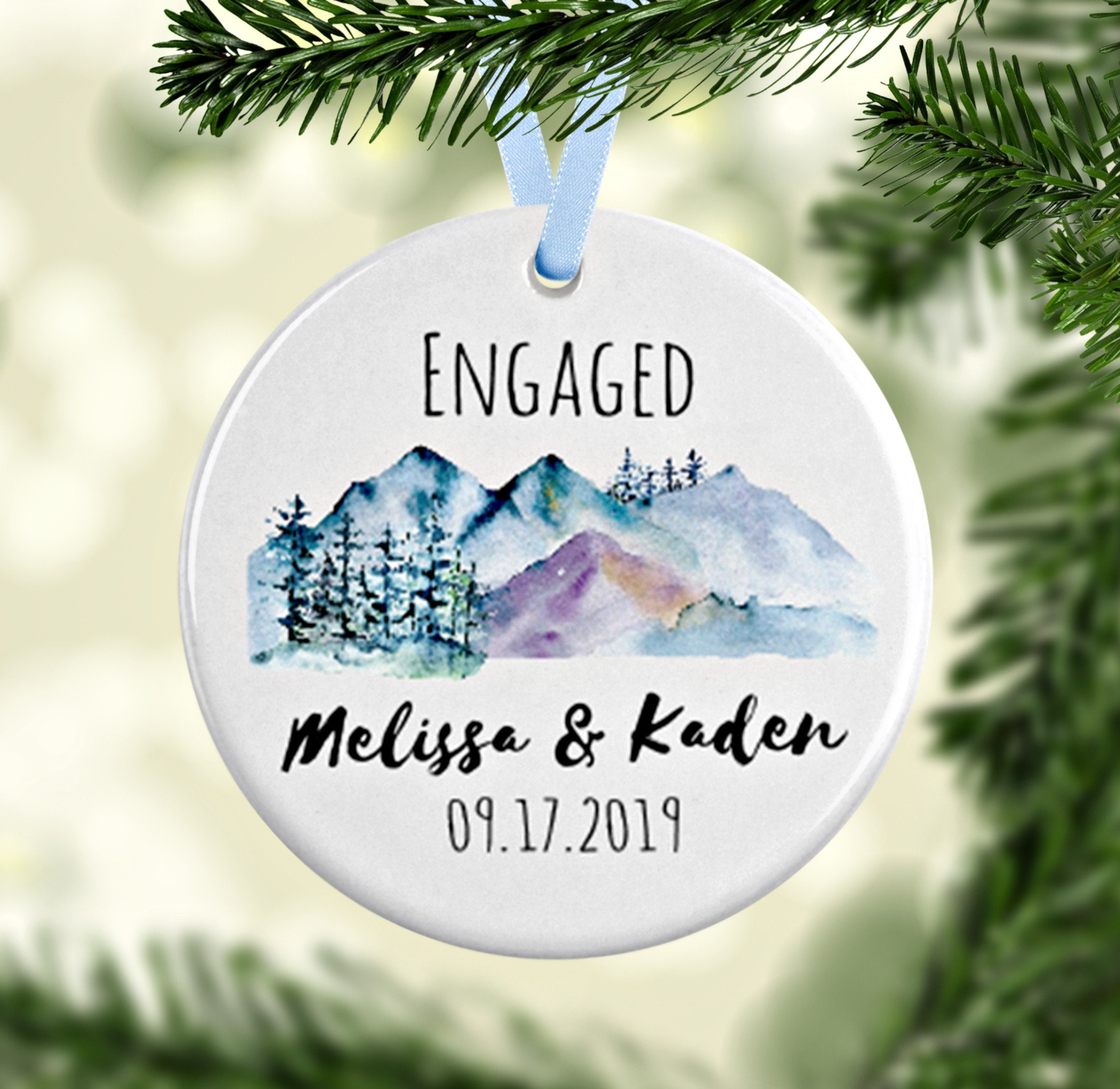 First Christmas Engaged Watercolor Flowers Personalized Engagement Christmas Tree Ornament Personalized Engaged Christmas Ornament