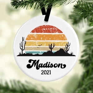 Personalized Retro Cactus Sunset Christmas Ornament