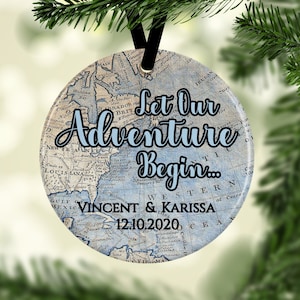 Ornamento de la boda, ornamento del mapa, adorno de la pareja, regalo de los recién casados, ornamento de la Navidad casado, ornamento del compromiso, regalo de la boda, regalo comprometido