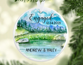 Mountain Lake Engagement Ornament/Engagement Gift/Christmas Ornaments/Couples Gifts/First Christmas Ornament/Personalized Newly Engaged Gift