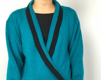 Cárdigan con cuello chal de los años 80 en verde azulado