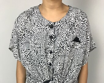 80's Leopard Tie Front Oversized Top